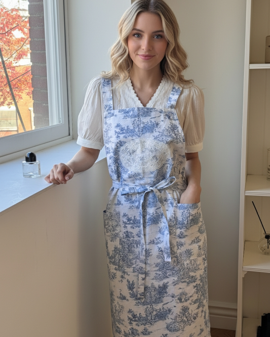 Woman in a blue Toile de Jouy linen apron standing by a bright window, hand in pocket—handcrafted Korean apron for elegant everyday kitchen style.