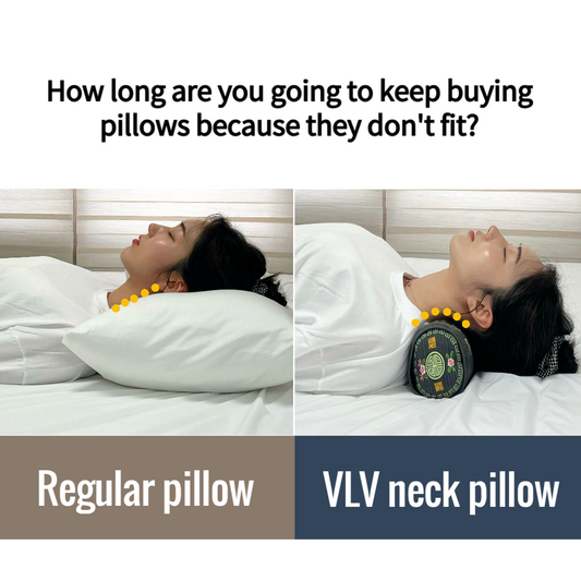Regular pillow vs Velouving cervical neck pillow — inverted C-shape support, adjustable buckwheat & cypress fill, detachable cotton cover.