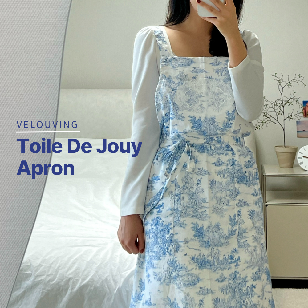 Stylish and durable linen apron featuring a Toile De Jouy pattern